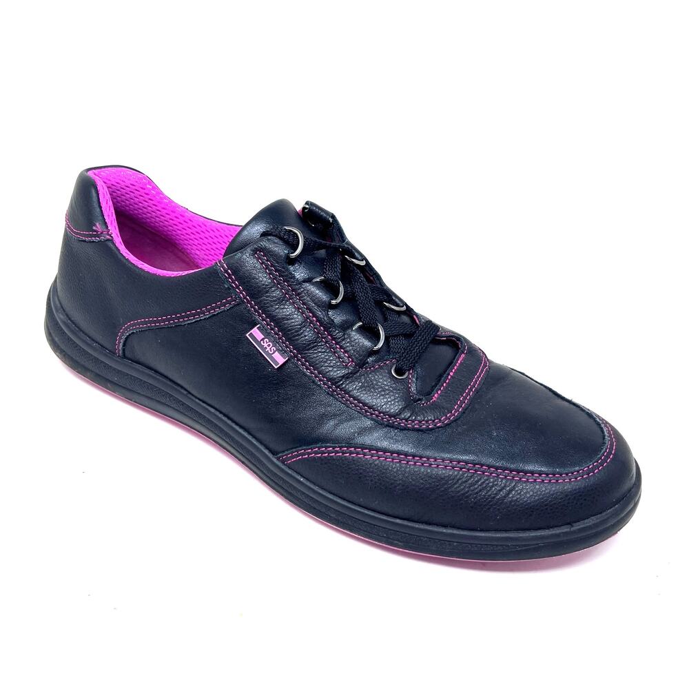 SAS Sporty Lux Sneaker Womens 11 N Black Leather Pink Trim Lace Up Comfort